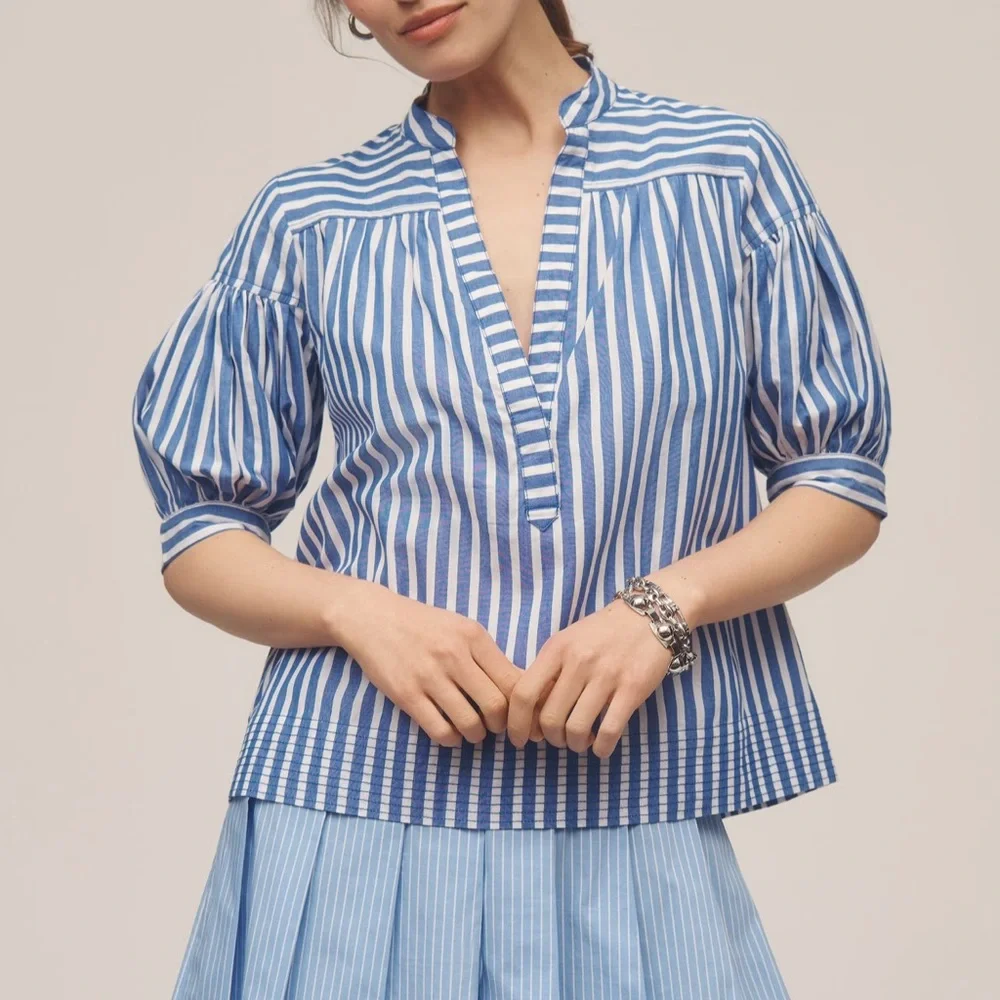 Anthropologie Blue & White Vertical Stripe V-Neck Puff Sleeve Blouse
